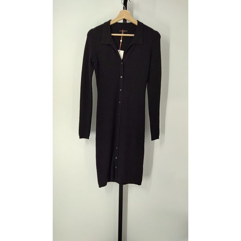 Quince Women Eco-Knit Button-Up Sweater Dress Black Basic Sleeved S